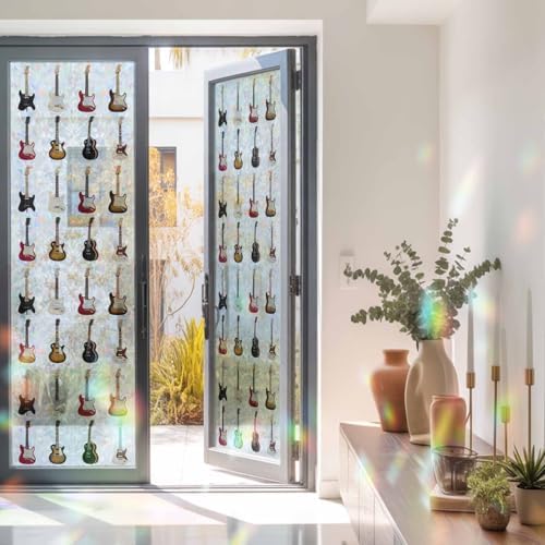 Music Window Privacy Film Rainbow Static Cling Stain Glass Window Film for Glass Door, Decorative Heat Control UV Blocking Frosted Sunroof Decal Sticker for Car 23.6"x78.7" Red Beige Guitar Modern Art - Image 3