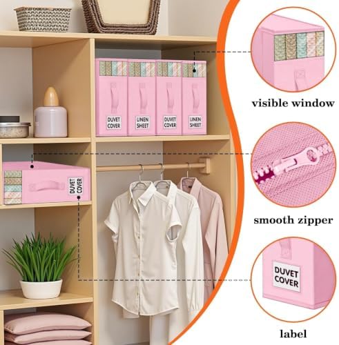 WOWBOX Sheet Organizers and Storage,Closet Bed Sheet Organizer Under Bed Storage and Organization with Label Cards & Clear Window for Bedding Sheets,Duvet Covers,Blankets (6 Pack，Pink) - Image 2