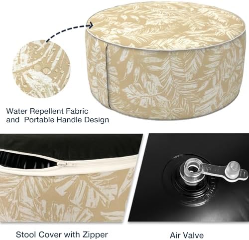 Outdoor Patio Inflatable Ottoman, 21x9 Inch Portable Stool Ottoman with Handle, Round Footrest Stool for Home Garden Camping, Tropical Leaf Oat - Image 3