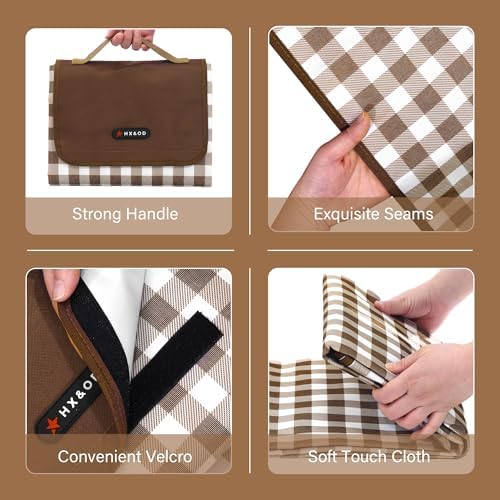 HX&OD Picnic Blanket Outdoor Extra Large Picnic Mat 80"X60" Camping Blanket Beach Blanket Foldable Waterproof Sand Mat Hiking Travel Family Concerts(Brown) (Pack of 2) - Image 4