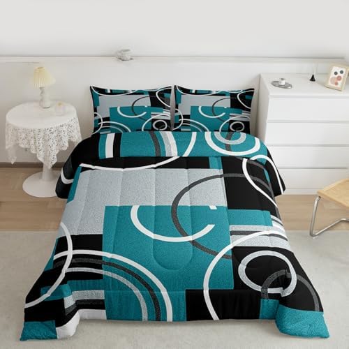 Modern Turquoise Decor Comforter King Geometric Circles Gird Bedding Set For Boys Girls Kids Teens Adult Black Grey Down Comforter Stripe Swirls Duvet Set Modern Graphic Texture Quilted Comforter - Image 2