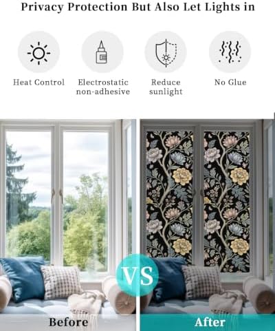 Window Privacy Film Frosted, Vintage Garden Flower Reusable Static Cling Window Tints, Rustic Floral Leaf Pastoral Black Heat Control Windows Films for Offices, Balcony, 29.5 x 118 Inches - Image 6