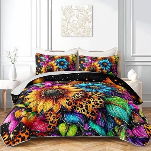 HOSIMA Colorful Sunflower Quilt Queen with Starry Print with 2 Pillowcases. by HOSIMA