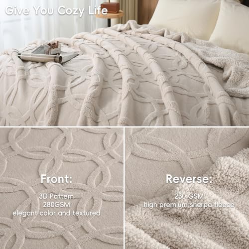 PHF Soft Sherpa Fleece Blanket Twin, Tufted Jacquard, 01-Oak - Image 4
