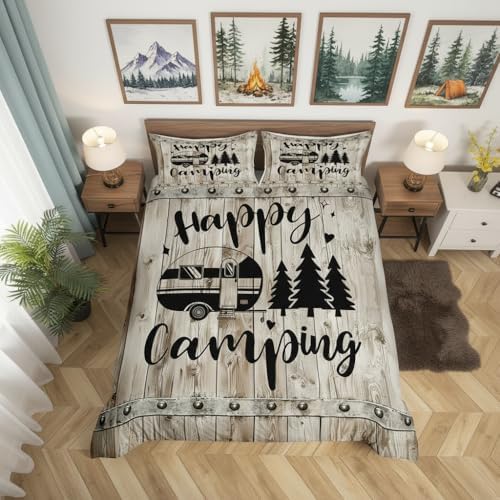 Castle Fairy Camper Bedding Set Full Size,Happy Camping Farmhouse Wooden Kids Duvet Cover,RV Comforter Cover Camper Accessories for Travel Trailers Room Decor Quilt Cover,2 Pillowcase,No Comforter - Image 2