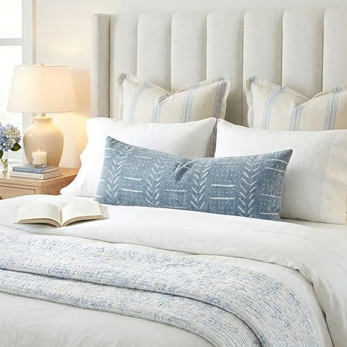 BlissBlush Coastal Blue Lumbar Pillow Cover 14x36 for Bed, Accent Long Lumbar Pillow Cover for Bedroom, Soft Woven Chenille Textured Farmhouse Boho Decorative Cushion Cover - Image 5
