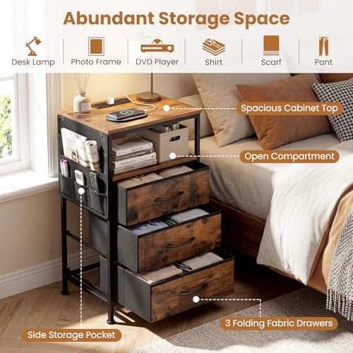 KOMFOTT Nightstand with Charging Station, 27.5" Modern Bedside Table with 3 Fabric Drawers, Open Shelf & Side Pocket, End Table with 2 AC Outlets, USB and Type-C Port for Bedroom (Rustic Brown,1) - Image 6