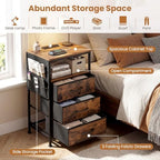KOMFOTT 2 Nightstands with Charging Station, 27.5" Modern Bedside Table with 3 Fabric Drawers, Open Shelf & Side Pocket, End Table with 2 AC Outlets, USB and Type-C Port for Bedroom(Rustic Brown,2) - Image 6