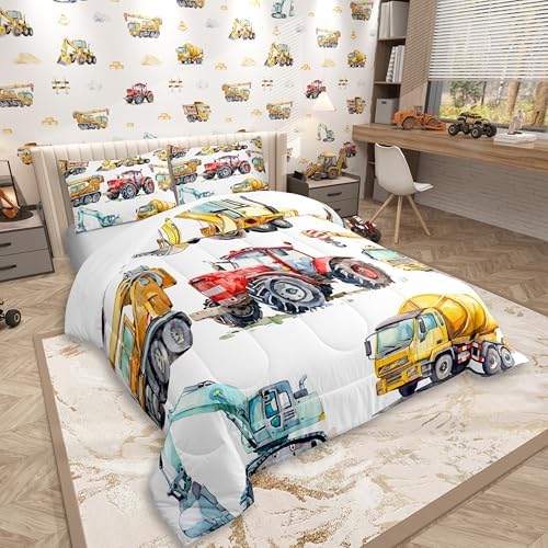 Erosebridal Kids Excavator Comforter Set Queen Size, Retro Truck Down Comforter for Boys Girls Teens, Tractor Machinery Construction Vehicle Bedding Set Crane Digger Mixer Quilted Duvet Bedroom Decor - Image 2