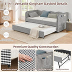 3 in 1 Twin to King Daybed, Gingham Upholstered Daybed with Pop Up Trundle, Convertible Sofa Bed with Side Storage Pockets, Extendable Guest Bed Frame for Teens Adults Bedroom Living Room, Black - Image 6