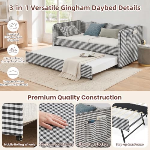 3 in 1 Twin to King Daybed, Gingham Upholstered Daybed with Pop Up Trundle, Convertible Sofa Bed with Side Storage Pockets, Extendable Guest Bed Frame for Teens Adults Bedroom Living Room, Black - Image 6