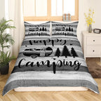 Castle Fairy Camper Bedding Set Full Size,Vintage Barn Door Stripes Duvet Cover for Teenagers Bedroom Decor,Happy Camping Truck Graffiti Bed Set of 3 Piece with Zipper Closure,Gray,No Comforter - Image 3