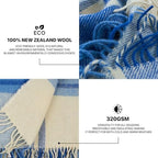 New Zealand Virgin Wool Throw Blanket, Indoor and Outdoor Blankets and Throws, Comfortable Soft Blanket with Fringes and Tartan Pattern, 67 x 79 in, Queen Size, Blue and White - Image 3