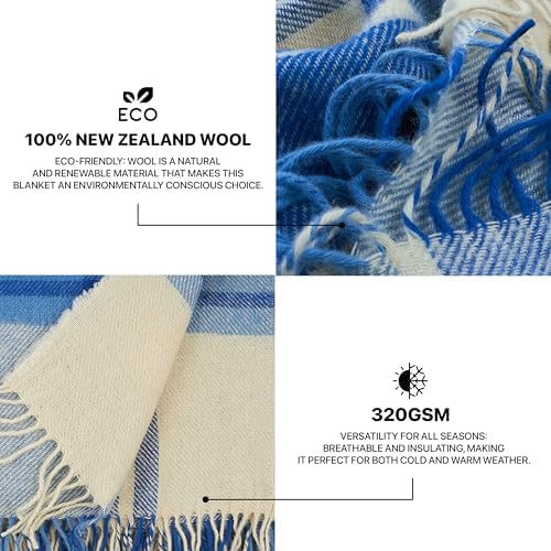 New Zealand Virgin Wool Throw Blanket, Indoor and Outdoor Blankets and Throws, Comfortable Soft Blanket with Fringes and Tartan Pattern, 67 x 79 in, Queen Size, Blue and White - Image 3
