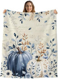 Fall Throw Blanket, Blue Pumpkin Thanksgiving Fluffy Soft Blankets for Couch Bed Travel, Autumn Eucalyptus Leaves Plush Microfiber Striped Flannel Blankets, Vintage Lightweight Sofa Blankets 50"x60" by Unknown