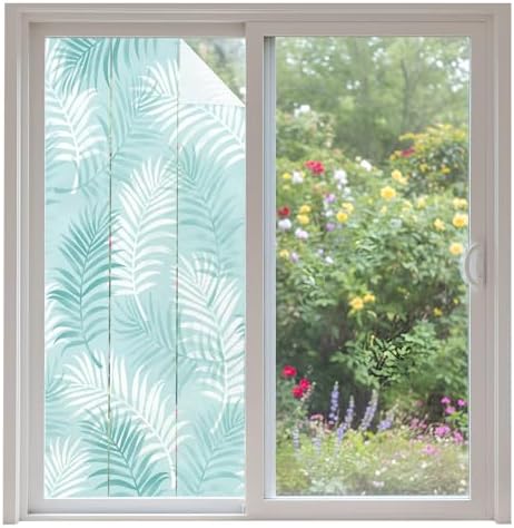 Window Privacy Film Frosted, Teal Blue Botanical Non-Adhesive Static Cling Window Tint, Summer Palm Leaves Foliage Tropical Insulated Windows Frosted Films for Living Room, 35.4 x 78.7 Inches by Unknown