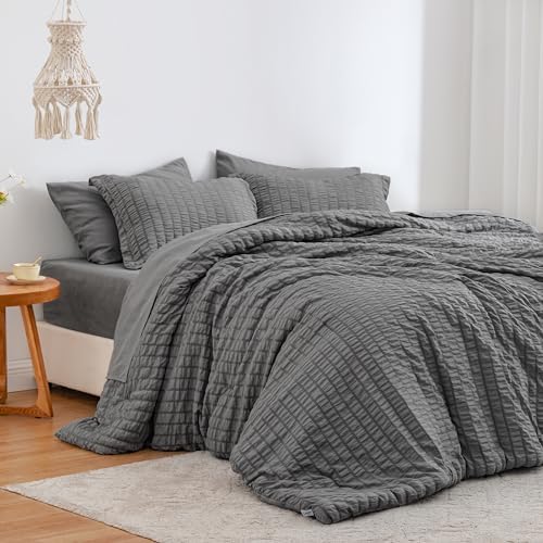 Love's cabin Seersucker Dark Grey California King Comforter Set, 7 Pieces California King Bed in a Bag, All Season Bedding Sets with Comforter, Flat Sheet, Fitted Sheet, Pillowcase and Pillow Sham by Lovescabin