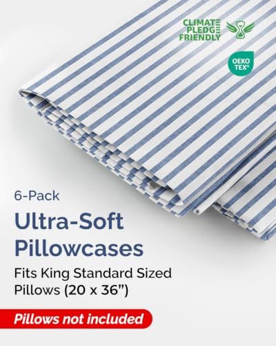 King Standard Pillow Cases - 6 Pack Pillowcases, 20" x 36" - Blue Stripes - Image 2