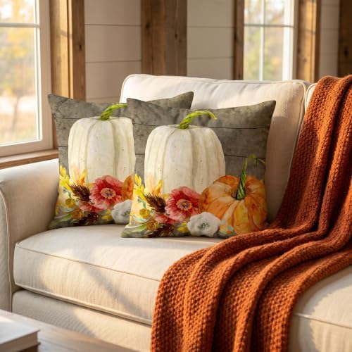 EMMTEEY Pumpkin Floral Autumn Watercolor Fall Pillow Covers 24x24 Set of 2 - Image 2