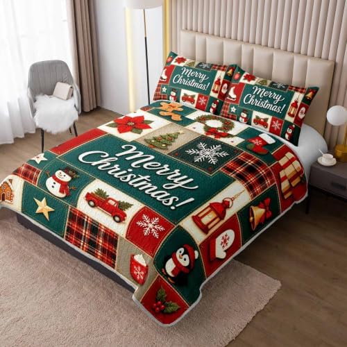 HOSIMA Vintage Christmas Patchwork Quilt Set Full Size with 2 Pillowcases. - Image 2