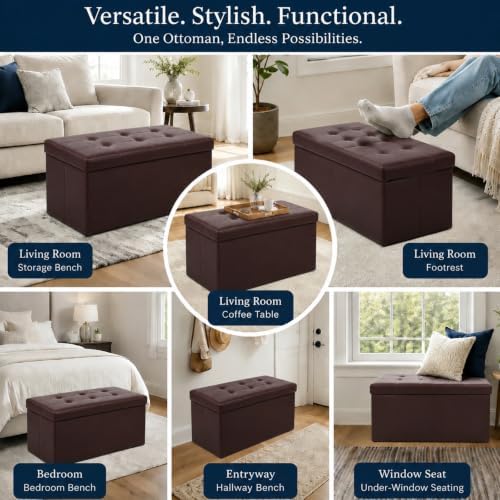 ALASDO 30 Inch Folding Storage Ottoman Bench with Hidden Storage, PU Leather Ottoman Foot Rest Stool, End of Bed Bench for Bedroom, Living Room, Entryway and Closet, Brown - Image 6