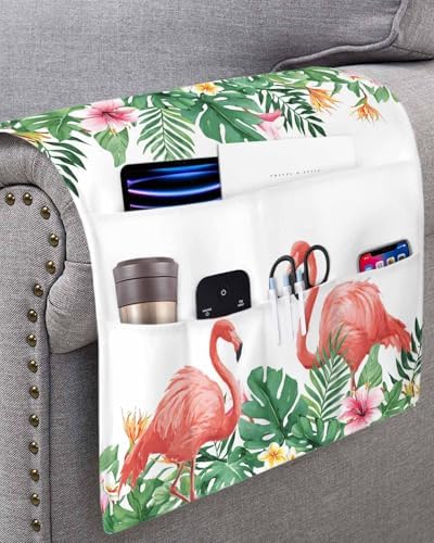 Sofa Armrest Organizer Bedside Caddy, Tropical Non Slip Couch Remote Control Holder, Green Palm Leaves Pink Flamingo Flowers Arm Chair Caddy with Pocket for Phone, 19.7''x35'' - Image 3