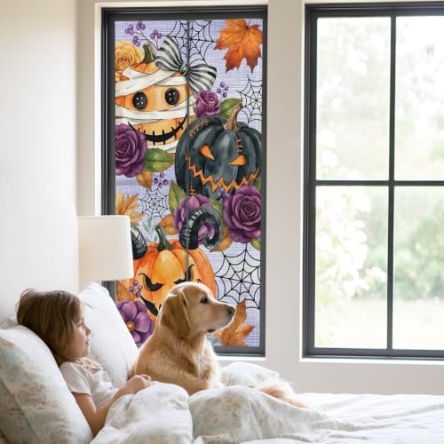 Window Privacy Film Frosted, Pumpkins Halloween Static Cling Door Window Covering, Black Horror Purple Floral Vintage UV Blocking Windows Film for Office, Hotel, Bedroom, 29.5 x 78.7 Inches - Image 2