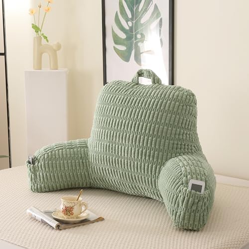 Large Reading Pillow for Sitting Up with Arms,Green Corduroy by PAJEO