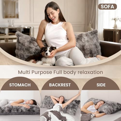 ZonLi Fluffy Body Pillow for Adults, Fuzzy Faux Fur Long Pillow with Shredded Memory Foam, Adjustable Support for Side Sleepers, Gifts, 20 x 54 Inch, Dark Grey - Image 5