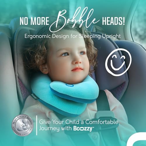BCOZZY Kids Travel Neck Pillow 2-Pack – Small Pink & Small Light Blue – Patented Wraparound Chin Support for Car & Plane Travel - Image 2