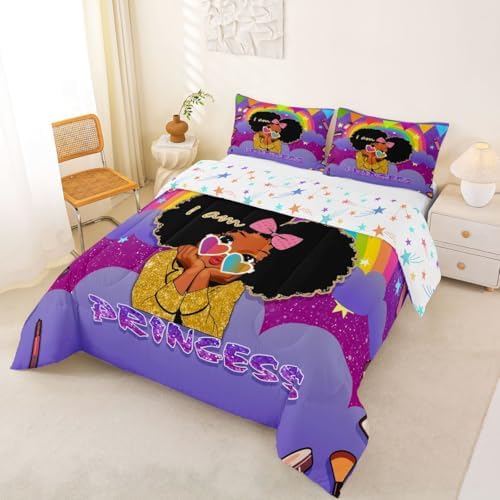 Erosebridal Black Girls King Comforter Set African Princess Bedding Set Dreamy Rainbow Magical Comforter Cute Little Princess Bed Sets for Kids Melanin Bedroom Decor (1 Comforter, 2 Pillowcases) - Image 3