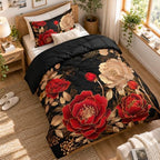 CCoutueChen Vintage Floral Comforter Set, Queen Size, Black Red - Image 3