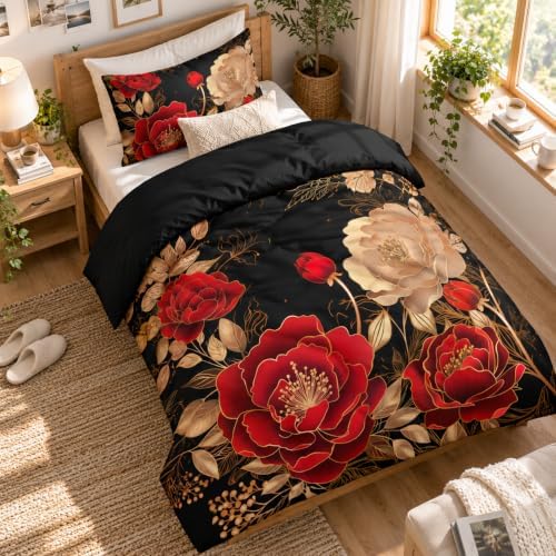 CCoutueChen Vintage Floral Comforter Set, Queen Size, Black Red - Image 3