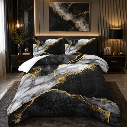 Nttopship Black Gold Gray Marble Comforter Set Queen Size Black Gold Gray Bedding Set Soft Microfiber Minimalist Wind Marble Comforter Sets 3 Pieces with 2 Pillowcases by Nttopship