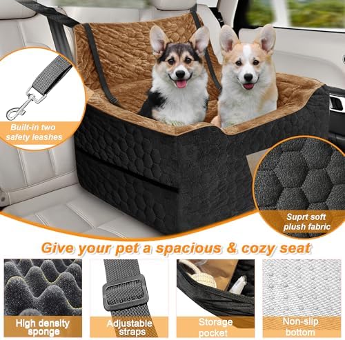 Dog Car Seat for Medium/Large Dog Booster Seat Under 60 lbs or 2 Small Dogs, Multi-Functional Pet Car Seat with Thick Cushion, 2 Safety Leashes(BlackBrown) - Image 3