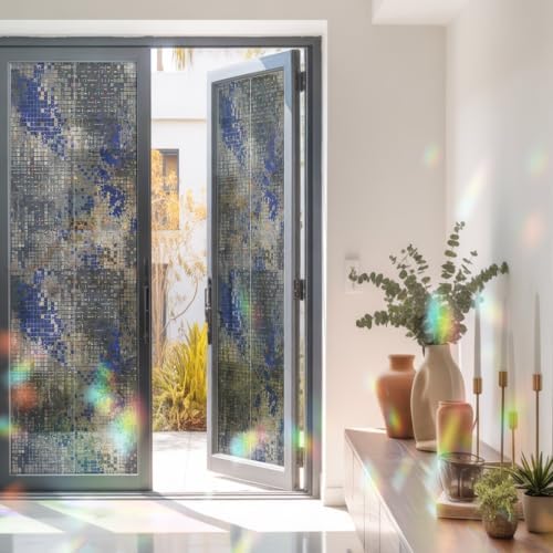 Window Privacy Film Static Cling, Blue Slate Gray Decorative Stained Glass Window Film for Balcony Doors/Full-Length Windows, Geometric Modern Industrial Abstract Art 23.6 x 78.7 Inches - Image 3