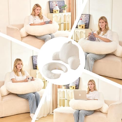 17" Reading Pillow for Bed,U Shaped Arm & Elbow Support,White Faux Fur - Image 5