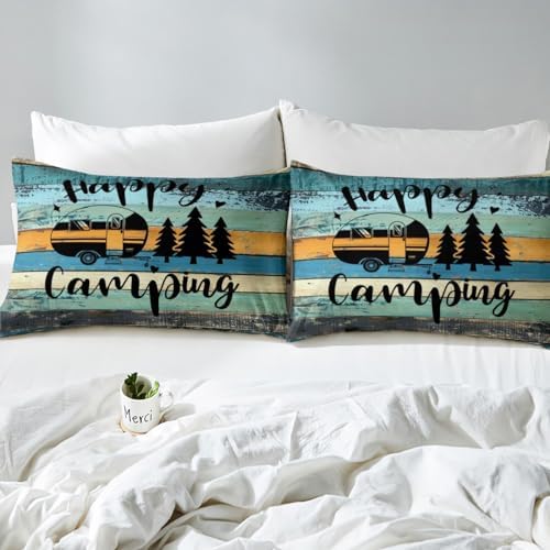Castle Fairy RV Camper Duvet Cover Twin Size,Happy Camping Green Blue Bedding Set 2pcs for Kids Teens,Farmhouse Style Stripes Comforter Cover Soft Quilt Cover Bedroom Decor Bedspread,No Comforter - Image 4