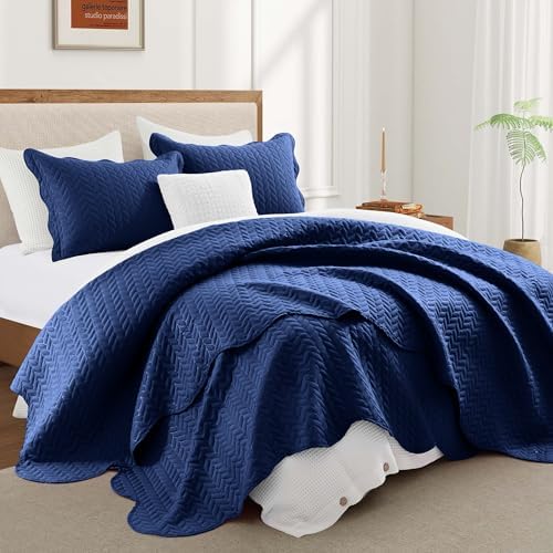 King Quilt Set Bedspread Coverlet Bedding Leaf Navy 106"x96" - Image 2