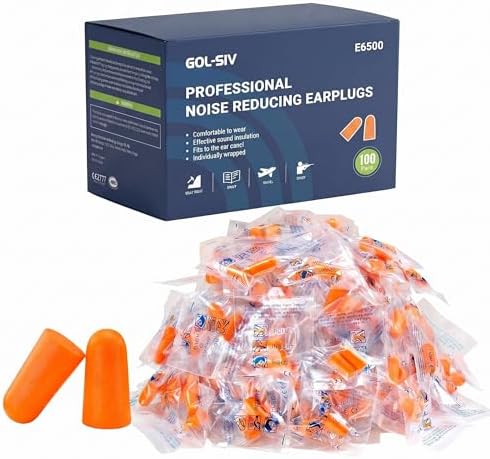 Foam Ear Plugs (100 Pairs), NRR 33 Maximum Noise Reduction Disposable Earplugs, Hearing Protection for Construction, Shooting Range, Industrial Work, Loud Machinery, Sleeping & Snoring by GOL-SIV