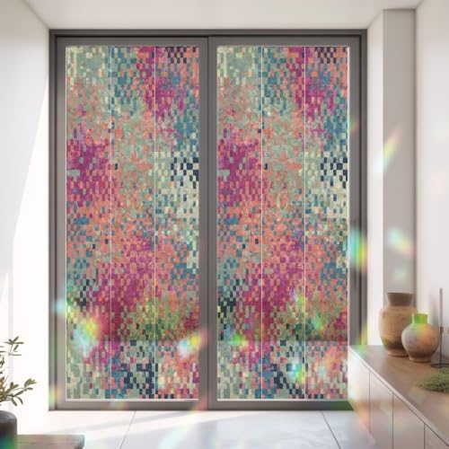 Window Privacy Film Static Cling, Colorful Geometric Decorative Stained Glass Window Film for French Doors/Wide Windows/Statement Glass Panels, Modern Boho Blocks Abstract Art 35.4 x 78.7 Inches - Image 3