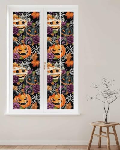 Window Privacy Film Frosted, Pumpkins Halloween Reusable Static Cling Window Tints, Black Horror Purple Floral Heat Control Windows Films for Offices, Balcony, 29.5 x 118 Inches - Image 2