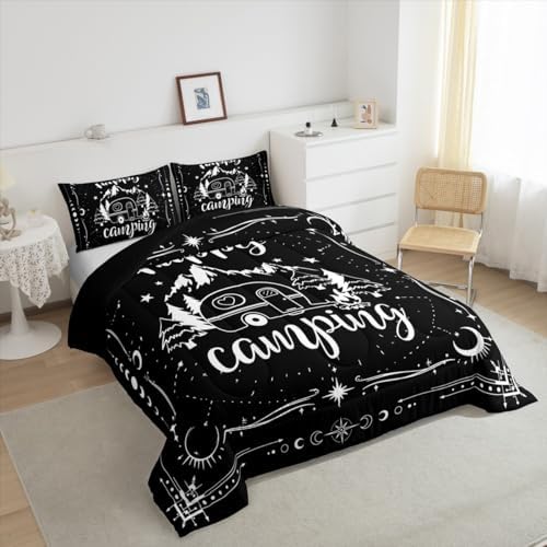 Erosebridal Camping Comforter Set Twin Black and White for Kids Boys Girls - Happy Camping Bedding Set for RV, Moon and Stars Room Decor Quilt Bed Set 2Pcs - Image 3