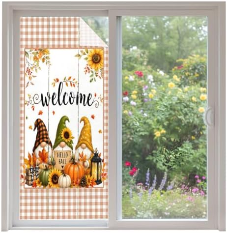 Window Privacy Film Frosted, Thanksgiving Non-Adhesive Static Cling Window Tint, Fall Gnomes Pumpkin Maple Flowers Plaid Insulated Windows Frosted Films for Living Room, 35.4 x 78.7 Inches by Unknown