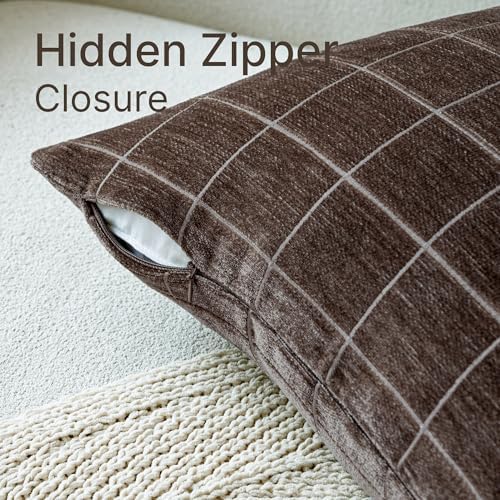 Decorative Chenille Plaid Fall Throw Pillow Covers Brown 24x24 Set of 2 - Image 2