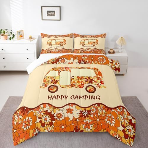 Erosebridal Happy Camping Bedding for Camper Full Groovy Flowers 60S 70S Style Comforter Set for Kids Girls Women Floral Camper Car Quilt Comforter Cute Camping Bed Set Orange Brown Beige 3 Pcs by Erosebridal
