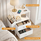 MALOL Night Stand with Charging Station & Led Light Strip, Bedside Table with Open Shelf & 2 Fabric Drawers and Reversible Side Storage Pocket, Modern End Table Bedroom,Living Room,White - Image 5