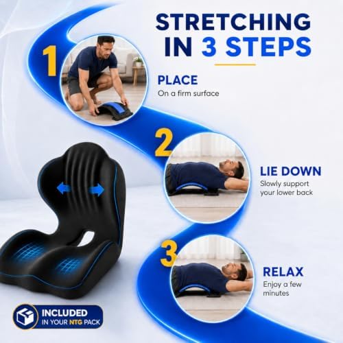 Seat Cushion and Lumbar Back Stretcher 2-Piece Pack, L-Shaped Ergonomic Memory Foam Chair Cushion with Non-Slip Base, Manual Lower Back Massager for Office, Car and Home, Black and Blue - Image 5