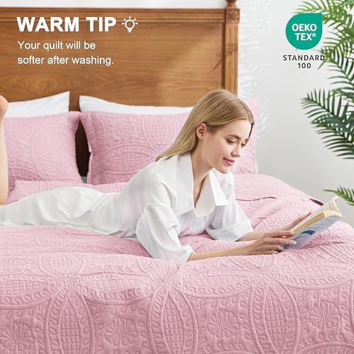Love's cabin King Size Quilt Set Pink Bedspreads - Soft Bed Summer Lightweight Bedspread Comforter - Modern Style Coin Pattern Coverlet for All Season - 3 Pieces (1 Quilt, 2 Pillow Shams) - Image 4