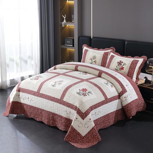 vctops Christmas Red 3 Piece Embroidered Floral Quilted Bedspread Quilt Set 100% Cotton Reversible Patchwork Coverlet Set 1 Quilt and 2 Pillow Shams (Red,King) - Image 3